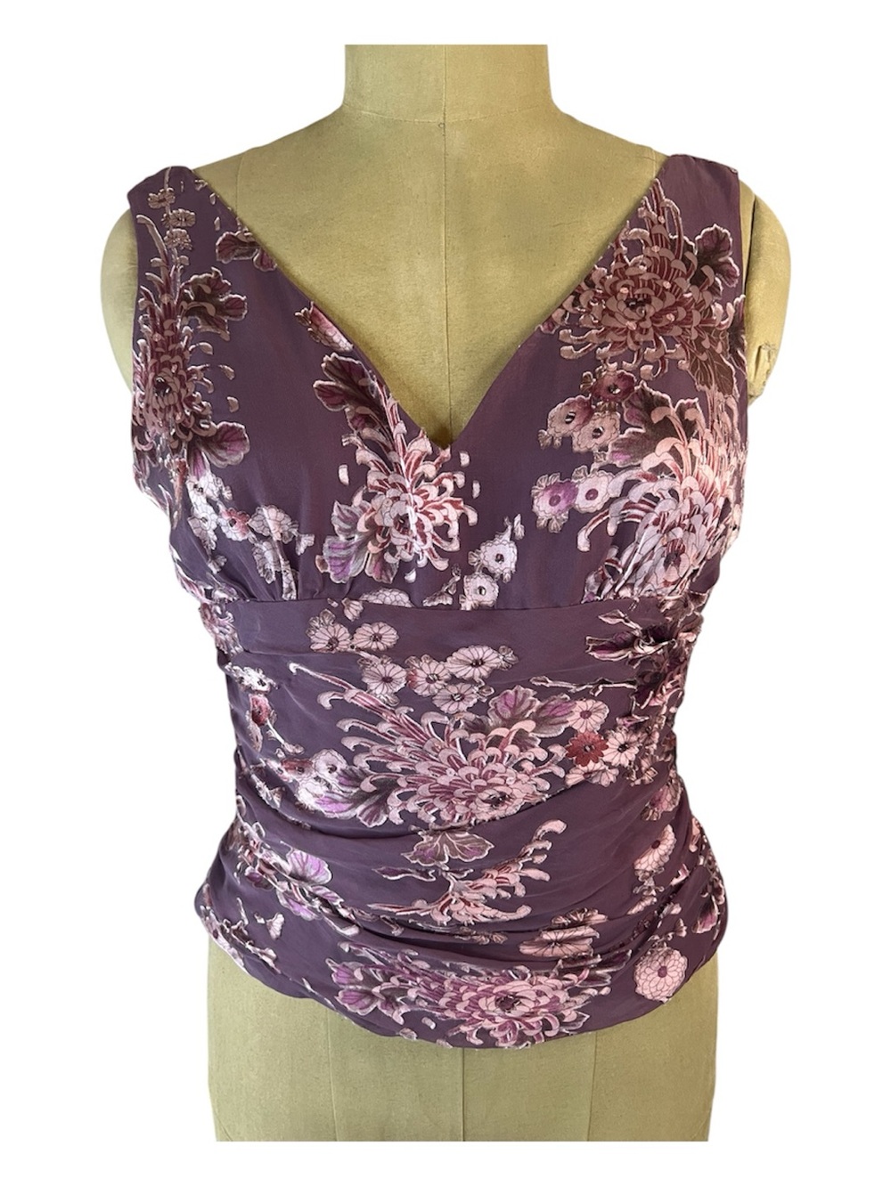 Papell Boutique Mauve Cut Velvet Floral V-Neck Silk Blend Sleeveless Camisole